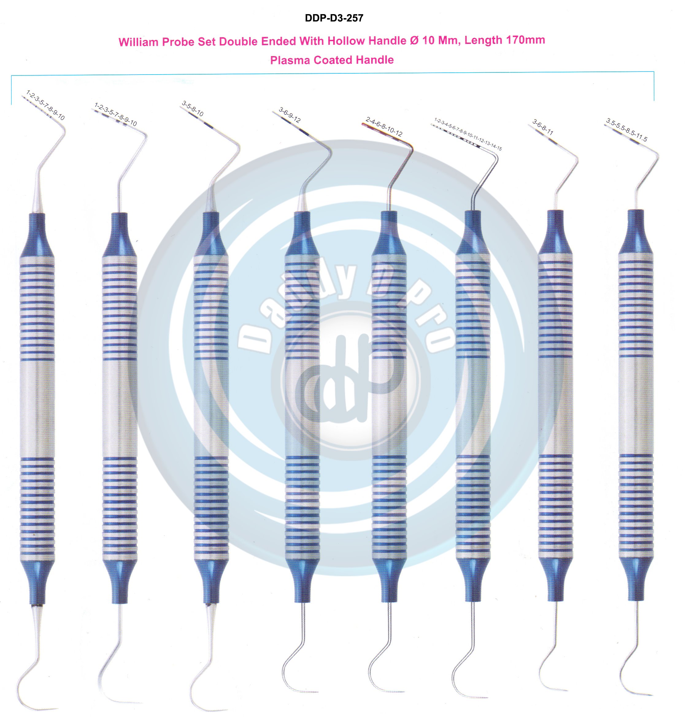 PERIODONTAL INSTRUMENTS WILLIAMS PROBE SET DOUBLE ENDED WITH HOLLOW 10MM, LENGHR 170MM, PLASMA COATED HANDLE