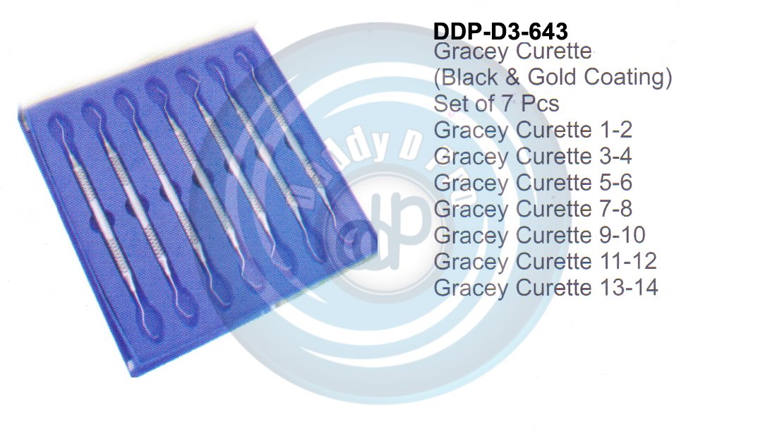 DENTEL CURETTES GRACEY CURETTES ABOVE SET OF 7 PCS HOLLOW HANDLE 10MM (BLACK AND GOLD COATING)