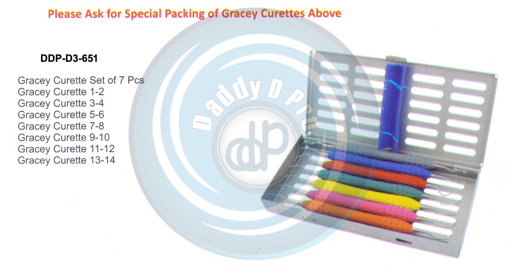 DENTEL CURETTES GRACEY CURETTES ABOVE SET OF 7 PCS HOLLOW HANDLE 10MM