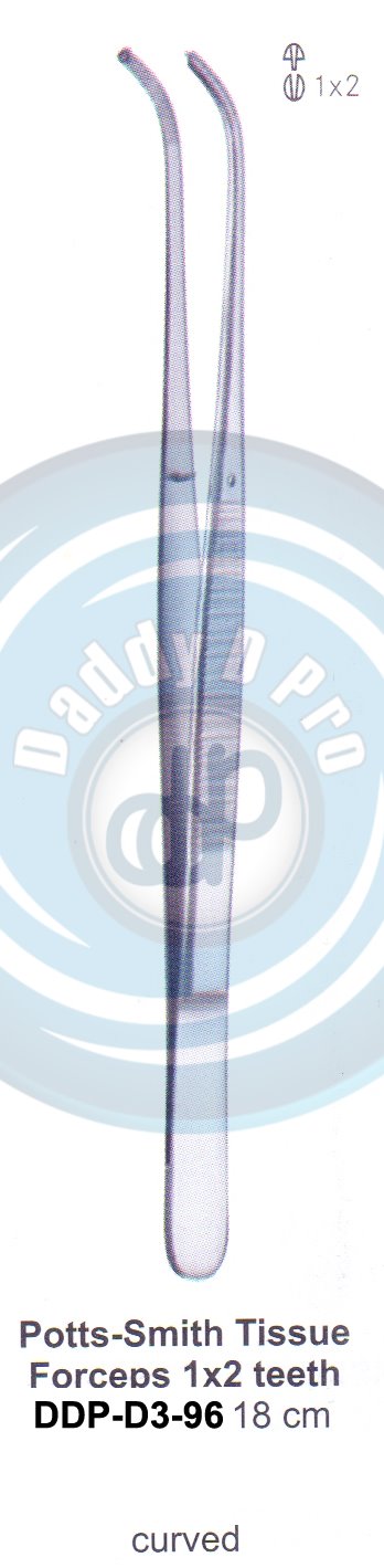 DENTAL TWEEZERS POTTS-SMITH TISSUE FORCEPS 1X2 TEETH 18CM CURVED 