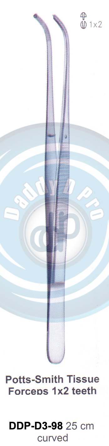 DENTAL TWEEZERS POTTS-SMITH TISSUE FORCEPS 1X2 TEETH 25CM CURVED 