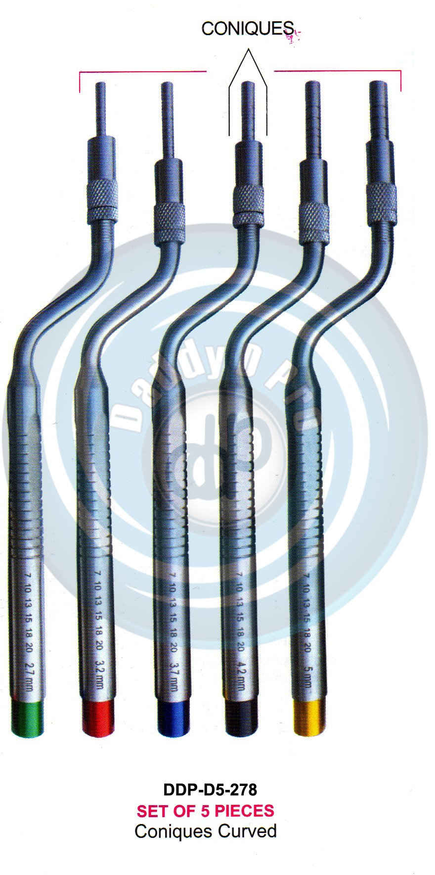 INSTRUMENTS FOR IMPLANTS CONIQUES  CURVED SET OF 5 PCS.