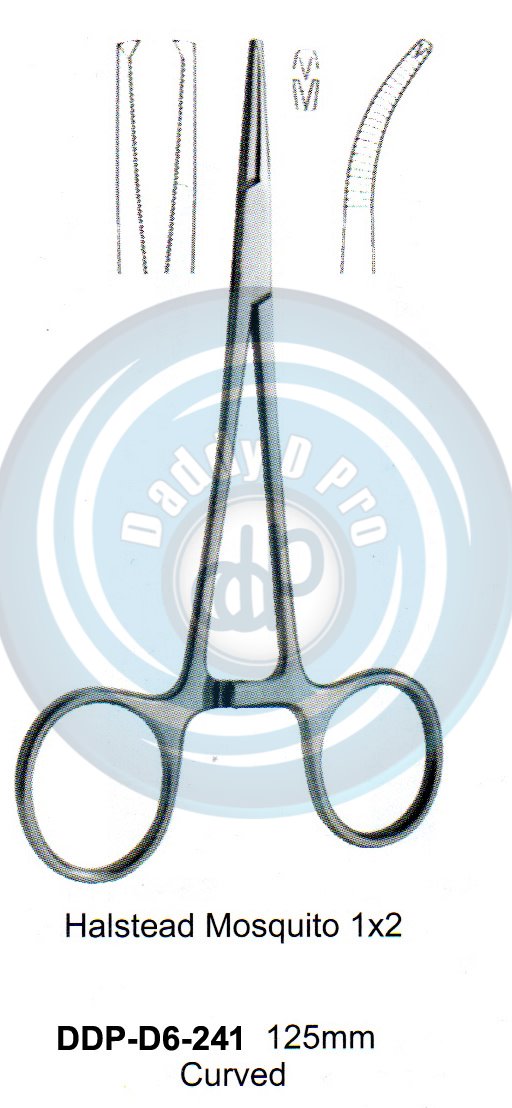 FORCEPS, NEEDLE HOLDER, CLAMPS HALSTEAD MOSQUITO 1X2 TEETH 125MM CURVED