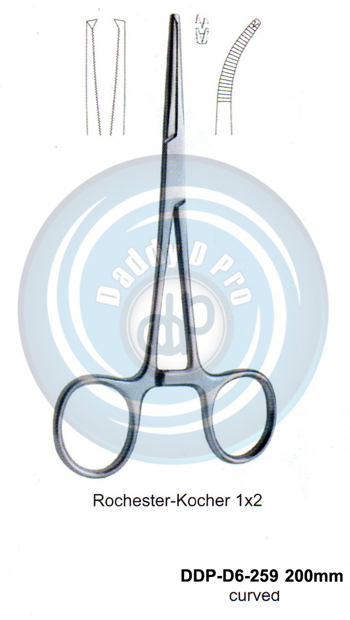 FORCEPS, NEEDLE HOLDER, CLAMPS ROCHESTER-KOCHER 1X2 TEETH 200MM CURVED