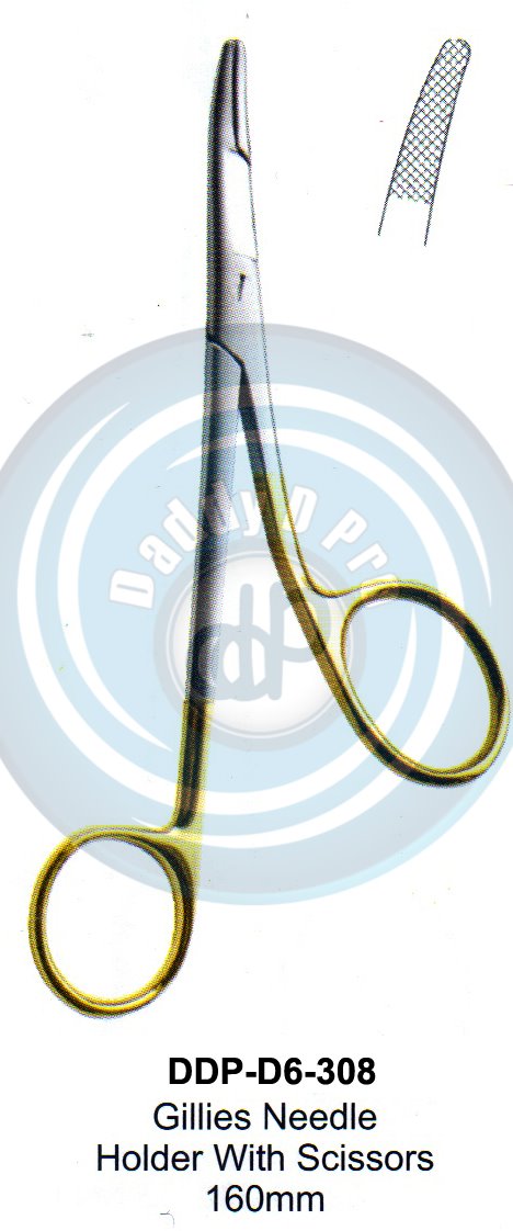 FORCEPS, NEEDLE HOLDER, CLAMPS  T.C. GOLD GILLIES NEEDLE HOLDER WITH SCISSORS 160MM